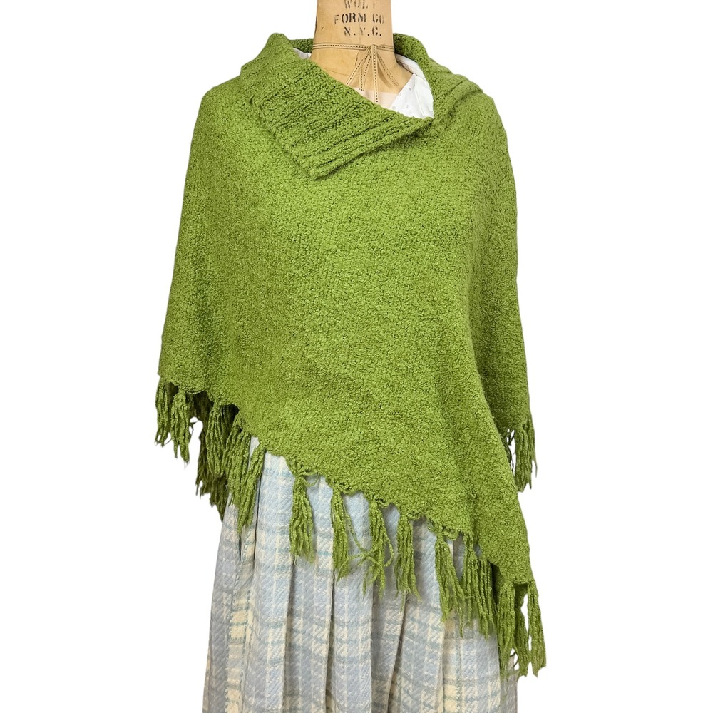Vintage Asymmetrical Fringe Poncho Chunky Knit Earthy Green Boho Fairy Fall OS